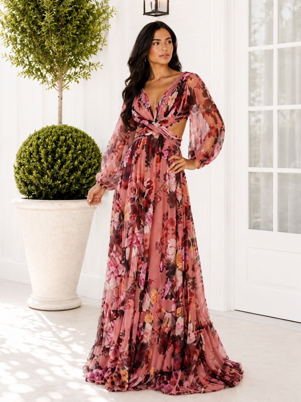 Mac Duggal 67946 Rose Multi Floral Chiffon Cutout Gown Size 4
